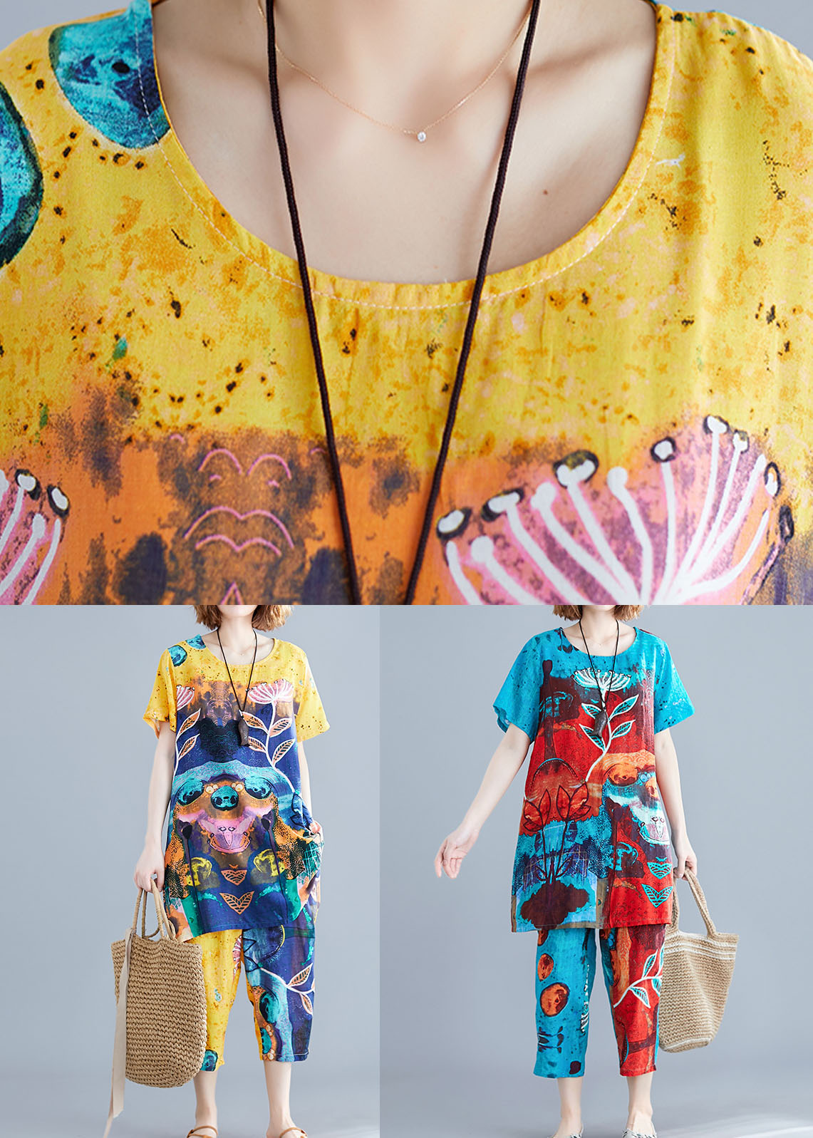 Blue O-neck Print Cotton Two Pieces Set Summer