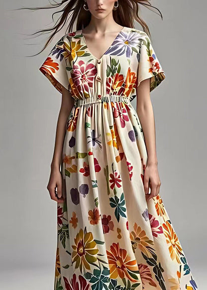 Apricot V Neck Print Cotton Maxi Dresses Summer