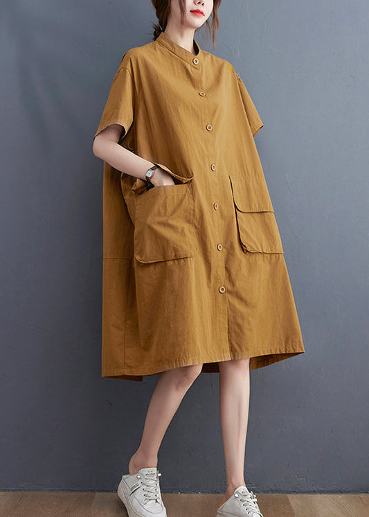 Loose Yellow Stand Collar Button Pockets Dress Short Sleeve