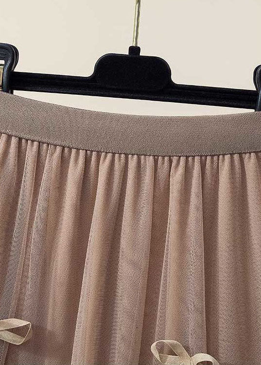 Brown Wrinkled Patchwork Bow Tulle Skirt Spring