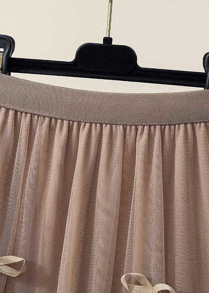 Brown Wrinkled Patchwork Bow Tulle Skirt Spring