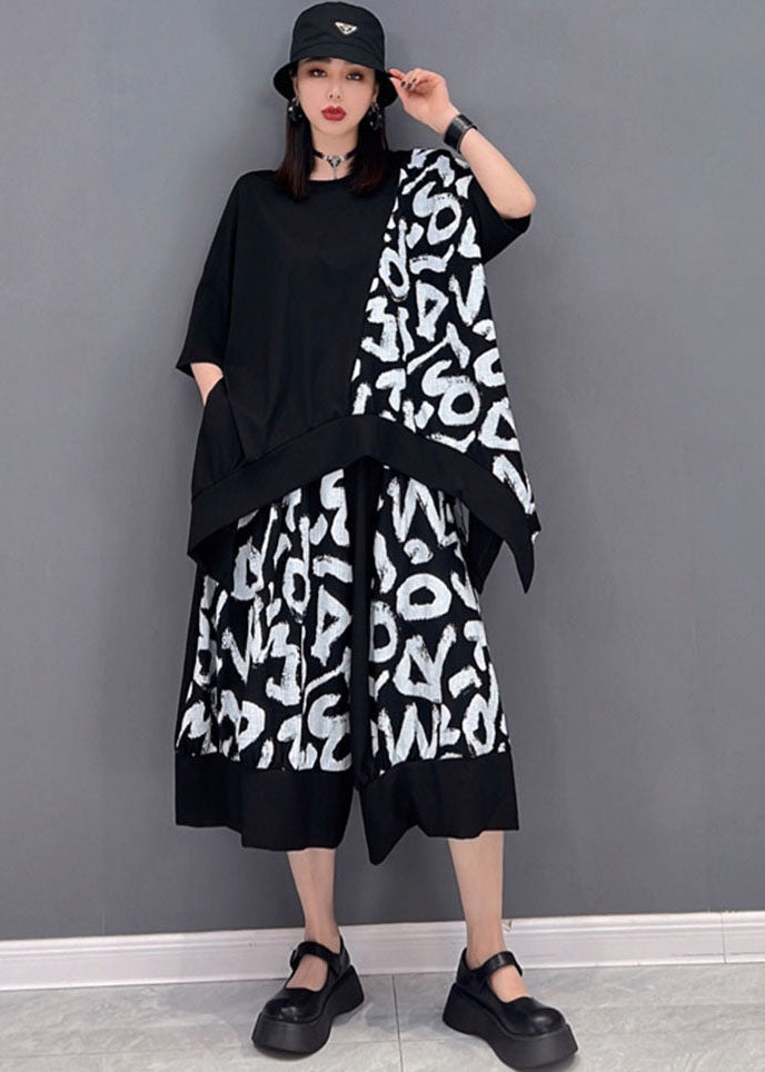 Black Letter Print Patchwork Cotton Top and Crop Pants 2 Pieces Asymmetrical Summer