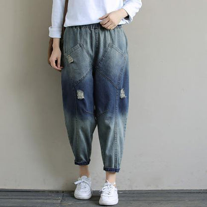 Spring Pants Stylish Denim Dark Blue Shape Elastic Waist Hole Wild Pants