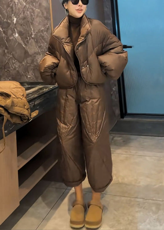 Coffee Button Coat and Crop Pants Cotton Filled Two Pieces Set Spring
