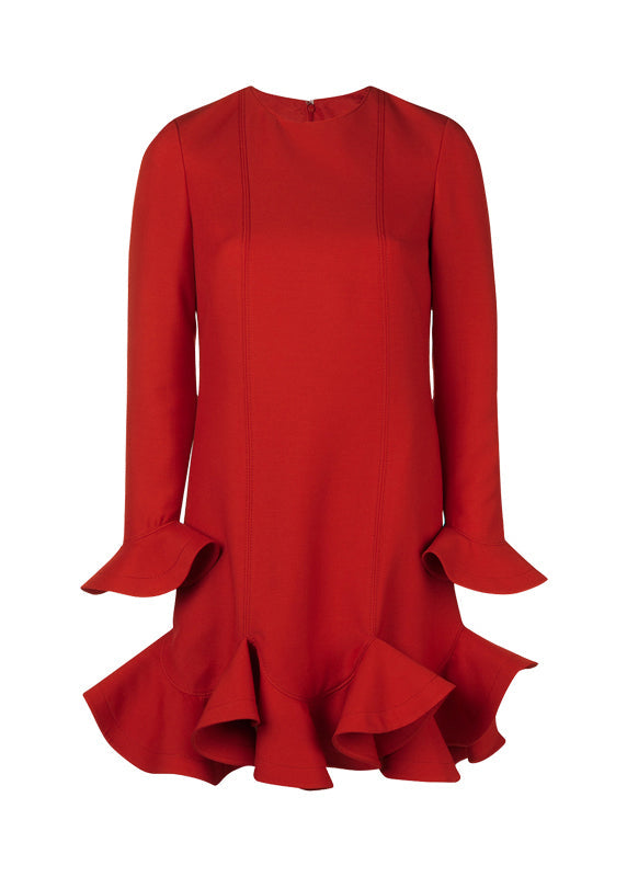 Red O-neck Ruffled Patchwork Mid Dress Spring