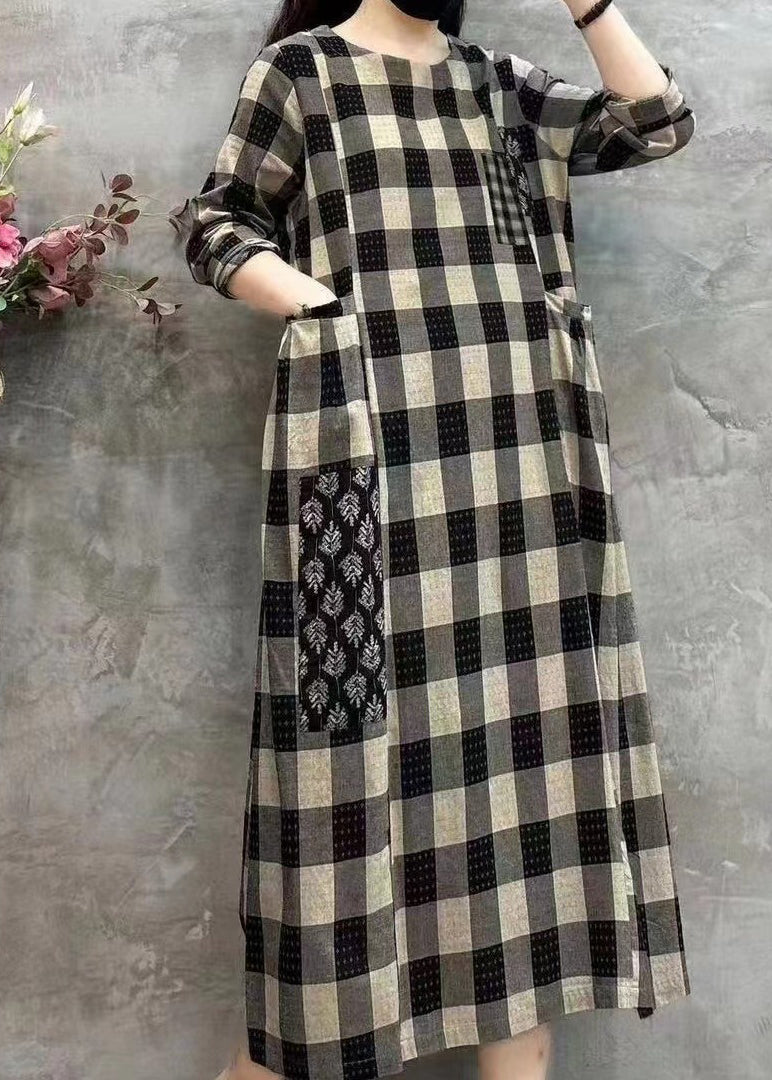 Light Plaid O-neck Pockets Print Patchwork Maxi Dress Long Sleeve