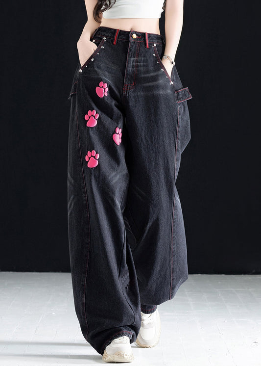 Vogue Black High Waist Pockets Print Wide Leg Jeans Fall