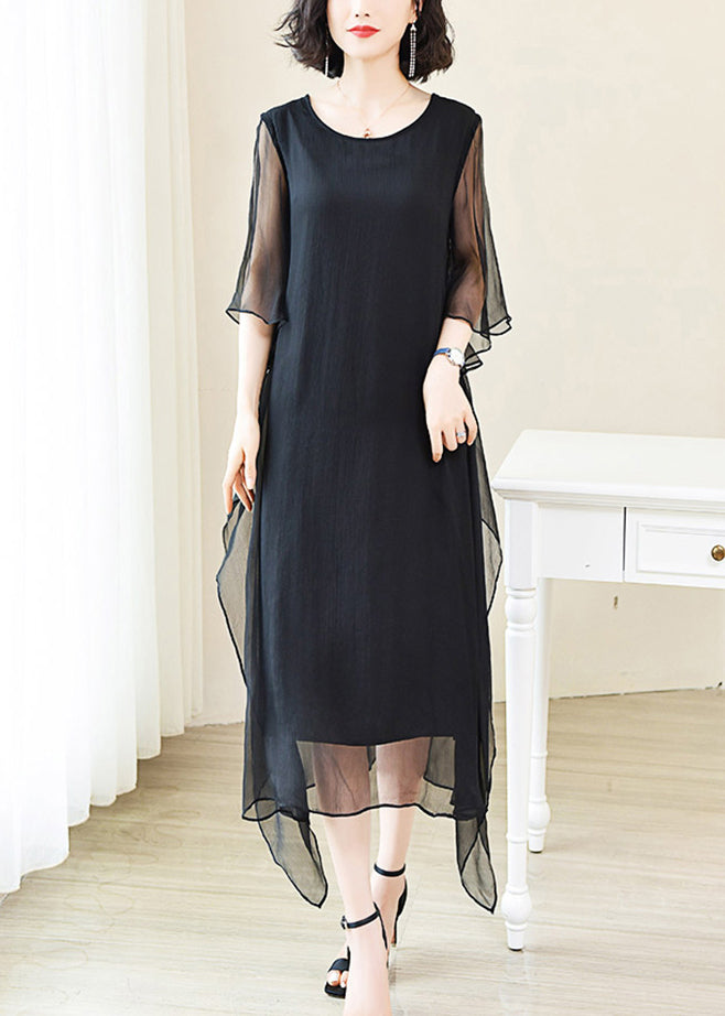 Red O-neck Ice Silk Long Dress Flare Sleeve