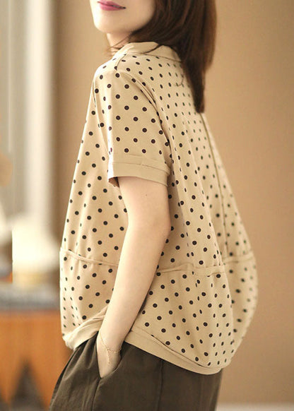 Apricot Turn-down Collar Patchwork Dot Print Cotton Shirts Short Sleeve