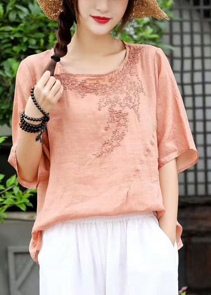 Orange O-neck Embroideried Linen Shirt Top Short Sleeve