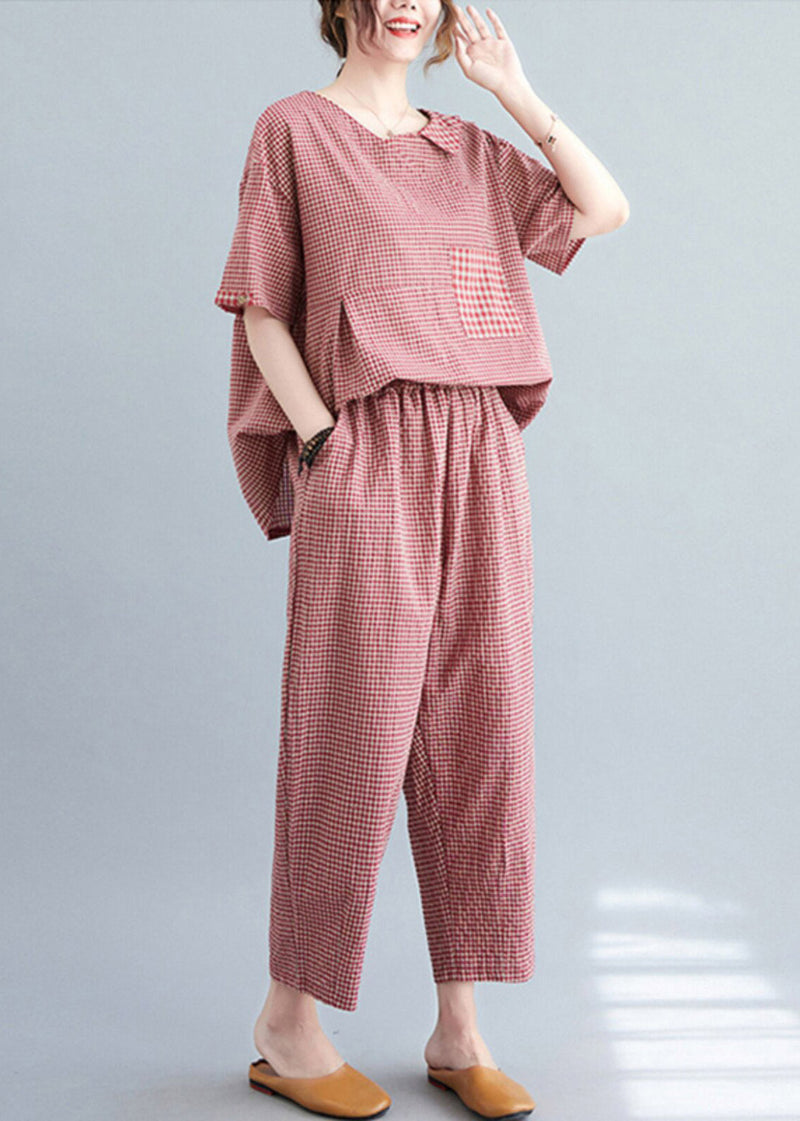 Red Plaid Asymmetrical Pockets Top and Crop Pants Two Pieces Set Summer