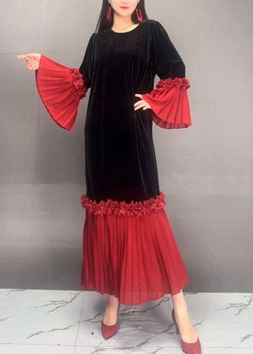 Red O Neck Chiffon Patchwork Velour Dresses Flare Sleeve