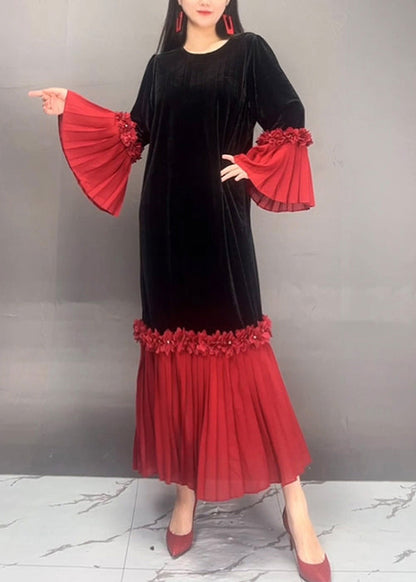 Red O Neck Chiffon Patchwork Velour Dresses Flare Sleeve
