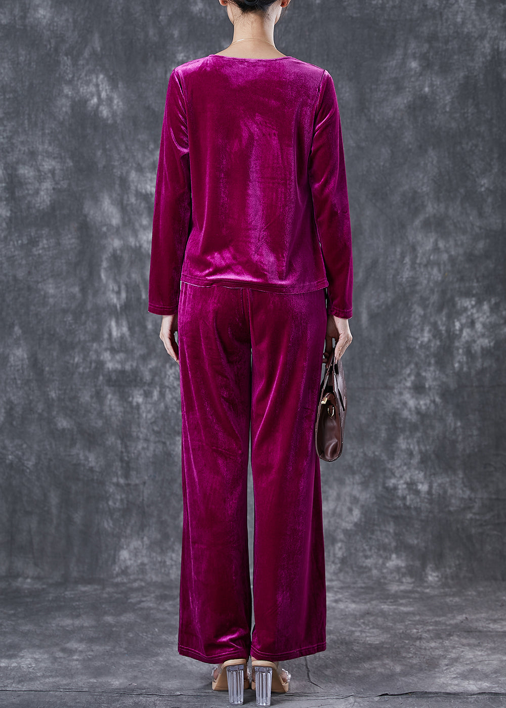 French Purple Asymmetrical Wrinkled Silk Velour Sets 2 Pieces Fall