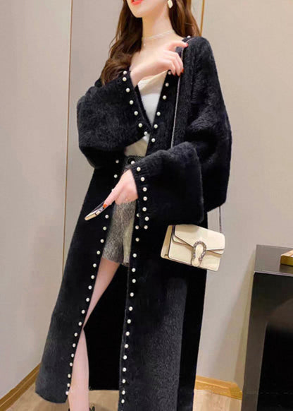 Black Pearl Cozy Knit Spring Coat V Neck