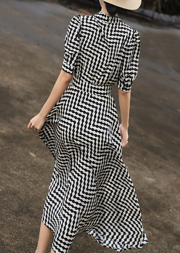 Black Striped Tie Waist Chiffon Dresses Summer