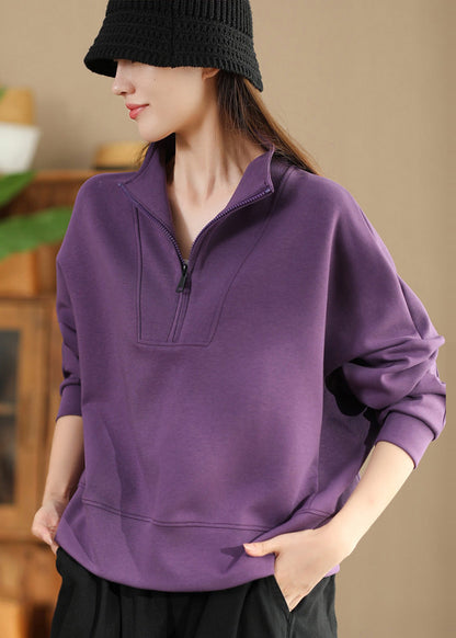 Purple Zip Up Cotton Pullover Spring