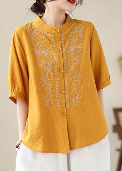 Yellow Embroideried Button Cotton T Shirt Short Sleeve
