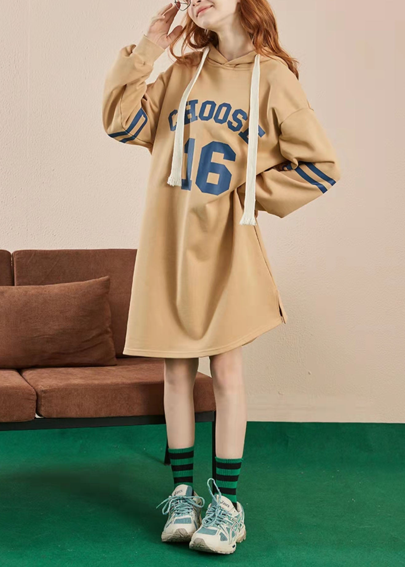 Classy Khaki Drawstring Print Side Open Sweatshirt Spring Dress