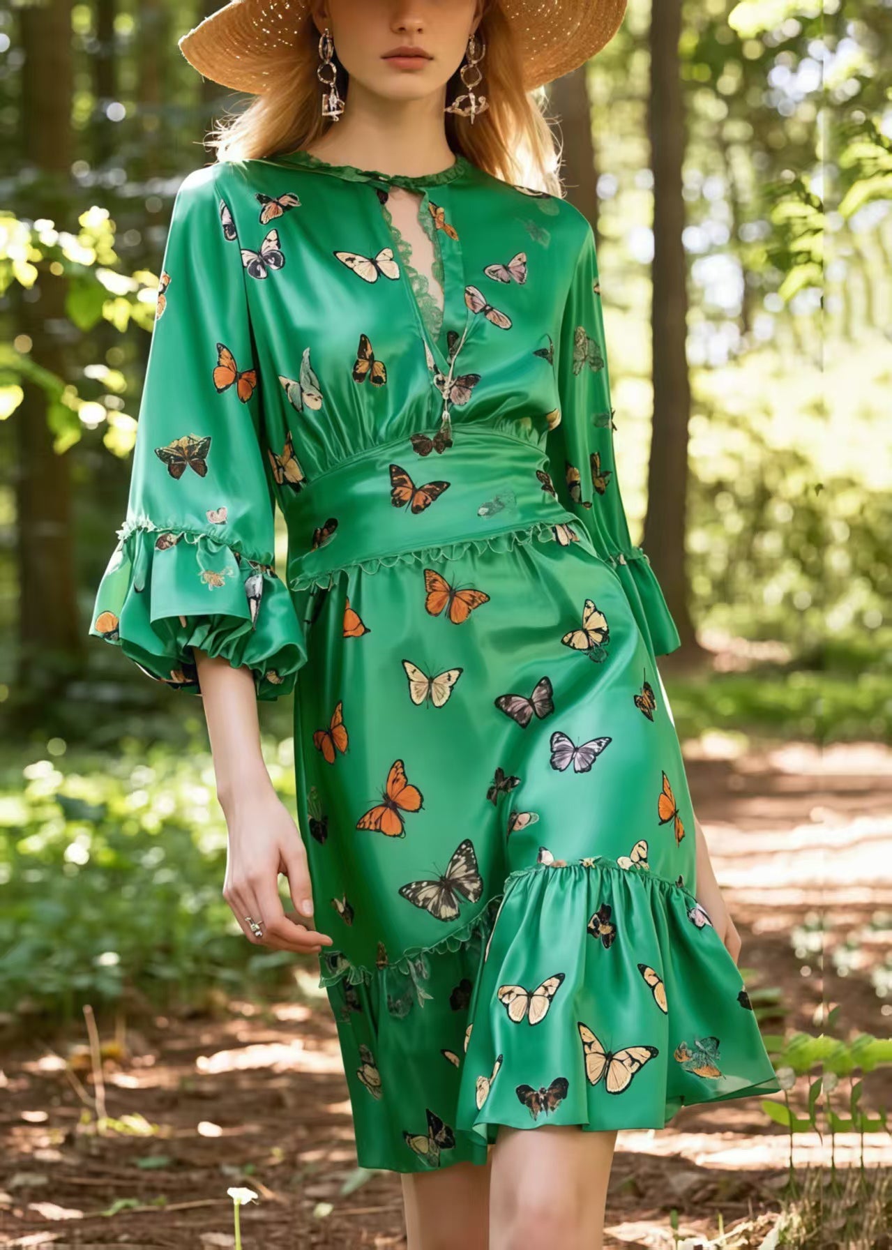 Tea Green Butterfly Silk Day Dress Lantern Sleeve