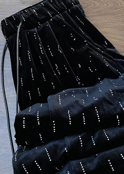 Black Print Wrinkled Elastic Waist Wide Leg Pants Fall