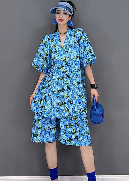Blue V Neck Print Cotton Cinch Top and Shorts Two Pieces Set Short Sleeve