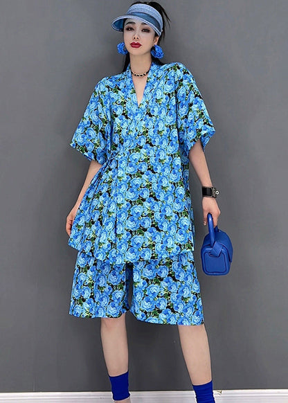 Blue V Neck Print Cotton Cinch Top and Shorts Two Pieces Set Short Sleeve