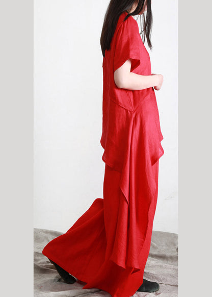 Red O-neck Asymmetrical Linen Top and Pants Two Pieces Sets Summer