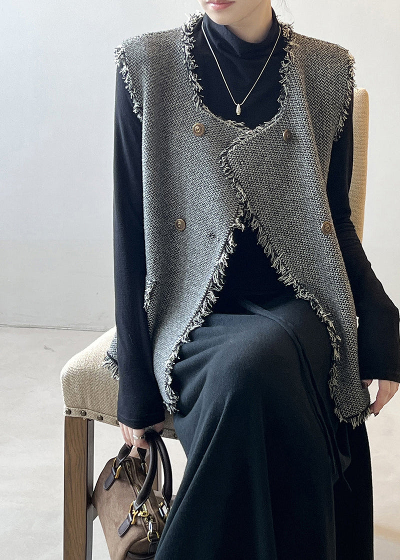 Grey Tasseled Double Breast Knit Vest Sleeveless