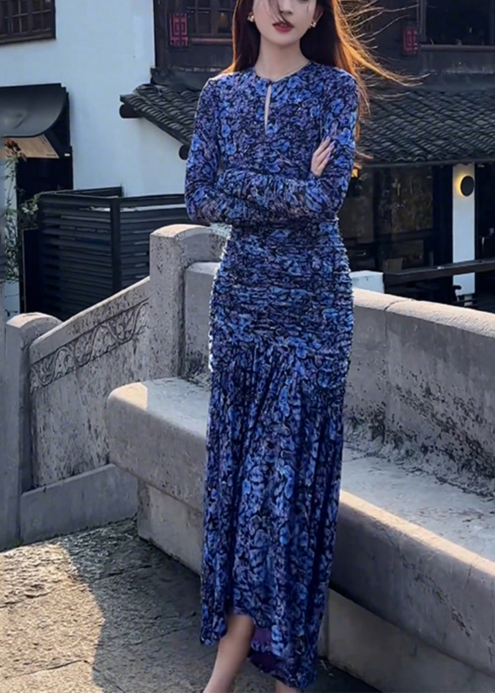 Slim Fit Blue O-neck Print Wrinkled Holiday Maxi Dress Spring