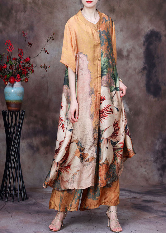 Yellow Stand Collar Print Silk Long Shirt and Crop Pant Two Pieces Set Summer