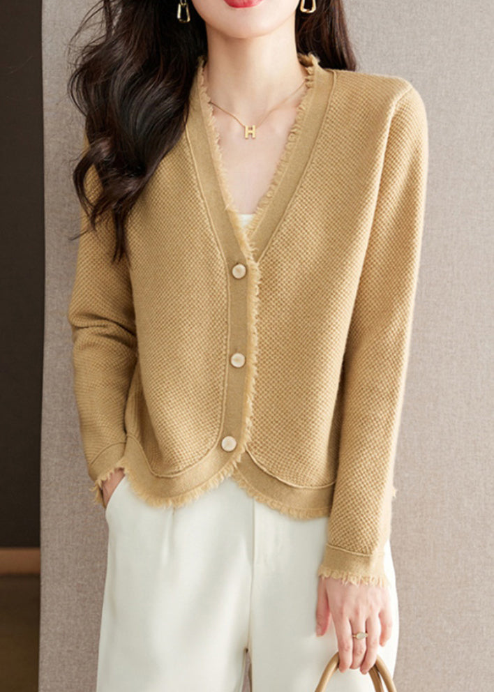 New Beige V Neck Button Wool Knit Cardigan Fall