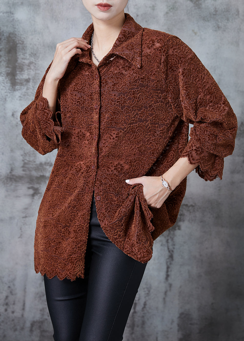 Caramel Embroidered Lace Shirt Tops Spring