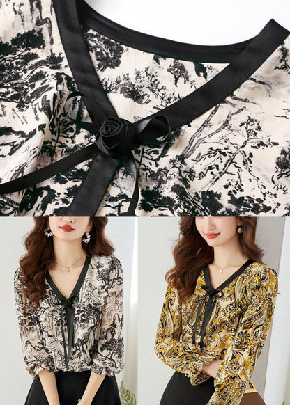 Yellow Print Chiffon Blouse Tops V Neck Lantern Sleeve