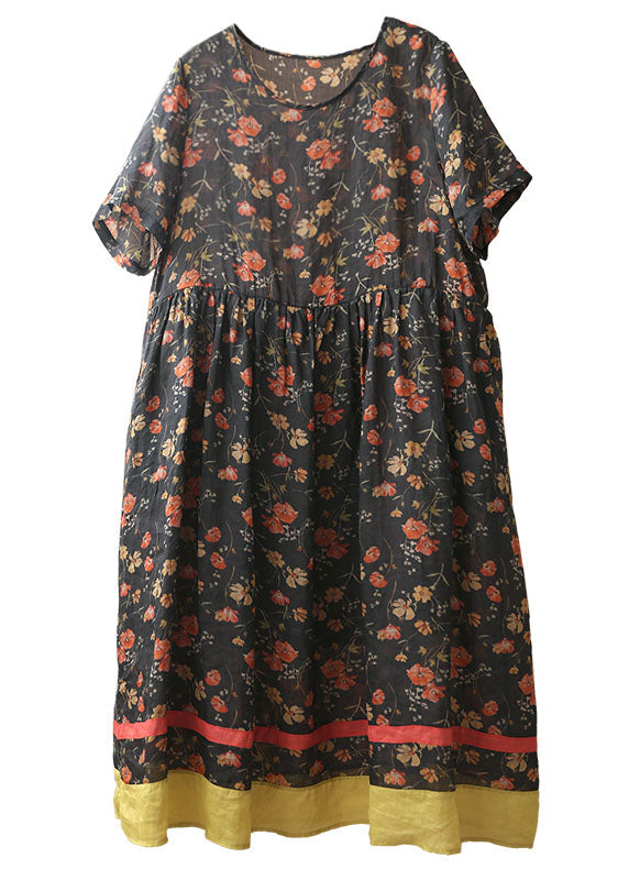 Boutique Black O-neck Print Wrinkled Patchwork Linen Vacation Long Dress Short Sleeve