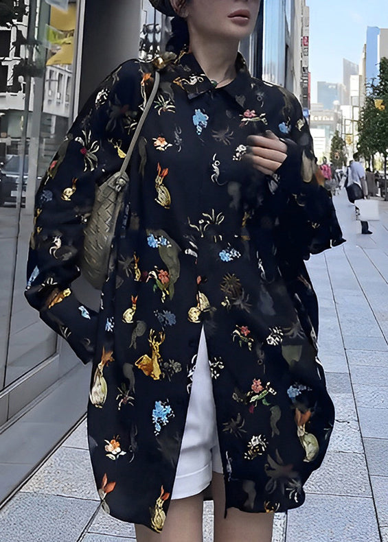 Black Peter Pan Collar Print Button Chiffon Shirt Long Sleeve
