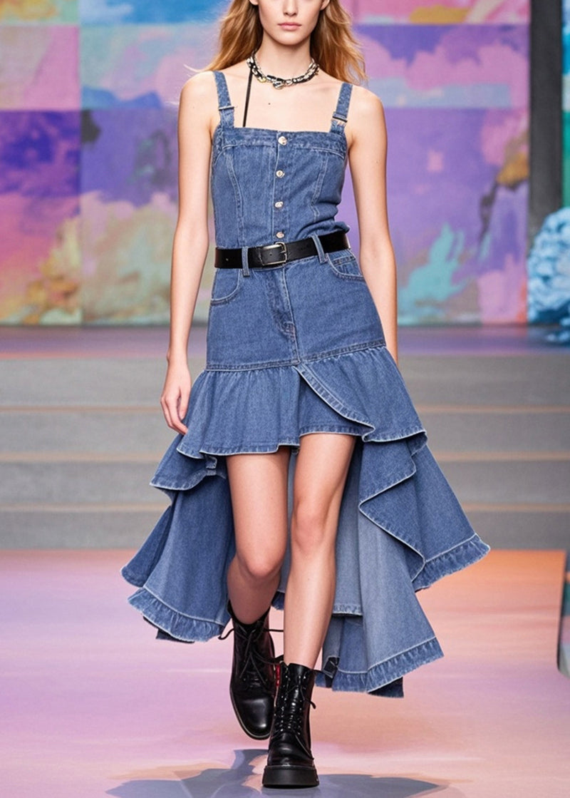 Blue Asymmetrical Patchwork Denim Wraped Skirts Spring