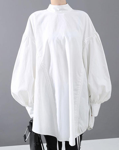 Lantern Sleeve Woman Style Black White Hipster Blouse Shirt