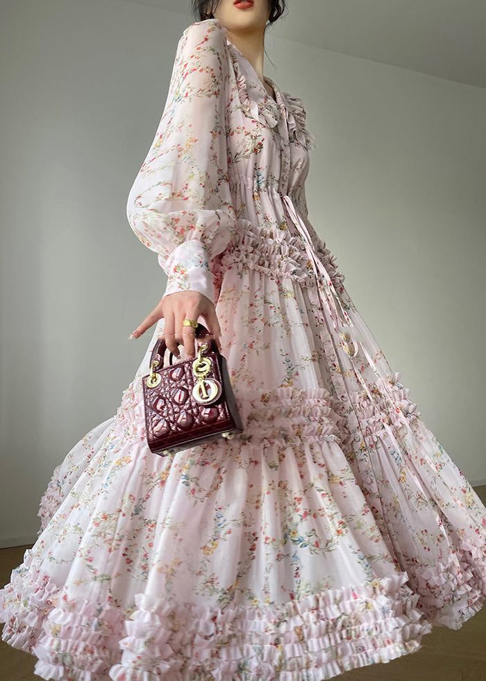 Pink Peter Pan Collar Print Chiffon Dresses Long Sleeve