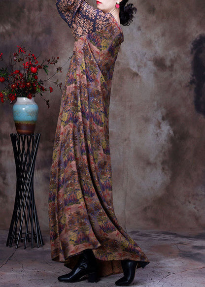 Coffee O-neck Lace Patchwork Print Silk Dresses Long Sleeve