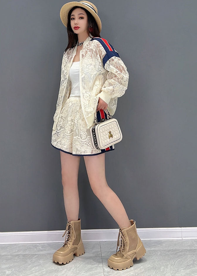 French White Zippered Patchwork Lace Upf 50+ Coat Jacket and Shorts Two-piece Set Summer