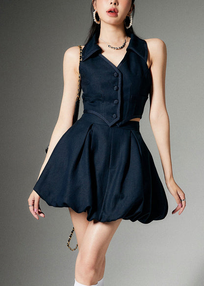 French Navy Peter Pan Collar Button Tops and Skirts Linen Two Pieces Set Sleeveless