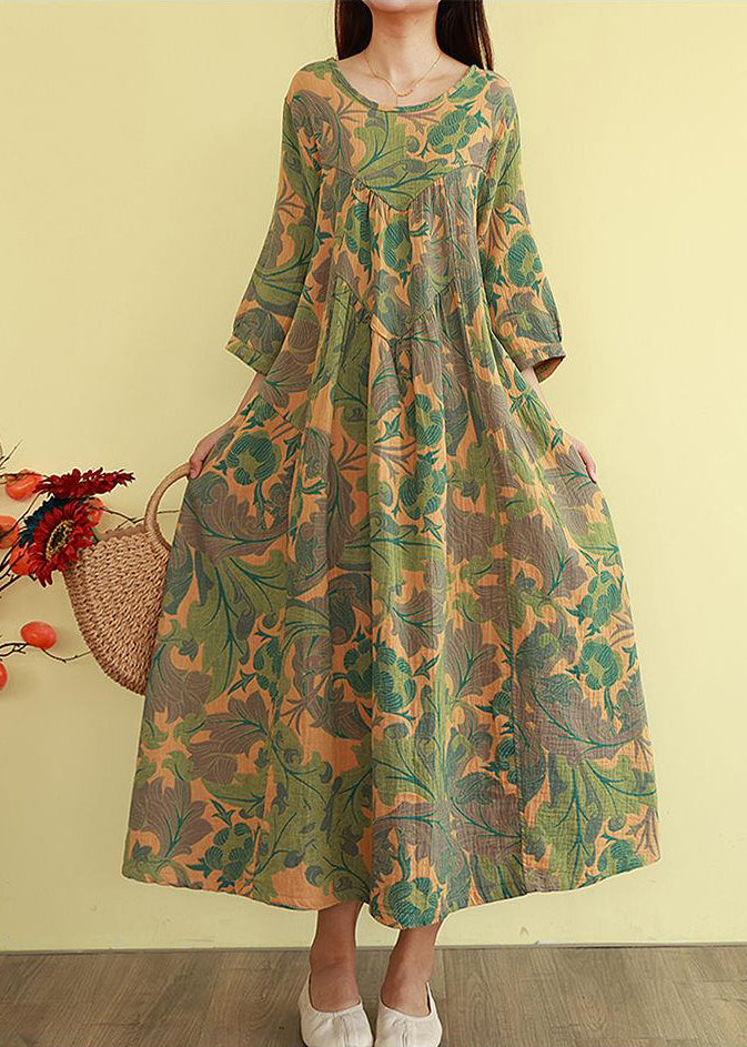 Orange Oversized Print Cotton Long Dress Bracelet Sleeve