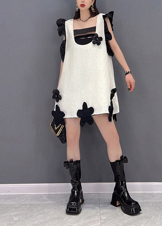 White Slash Neck Ruffles Patchwork Dresses Sleeveless