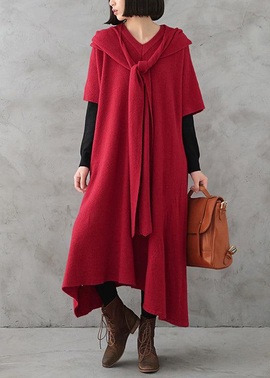 Red V Neck Side Open Cashmere Knit Holiday Sweater Dress Fall
