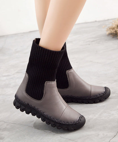 Grey Faux Leather Boots Knit Splicing Boots