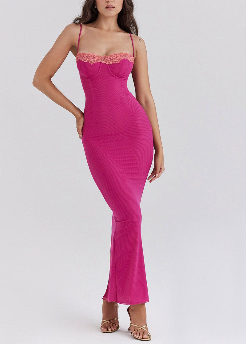 Italian Rose Side Open Tulle Maxi Spaghetti Strap Dresses Sleeveless