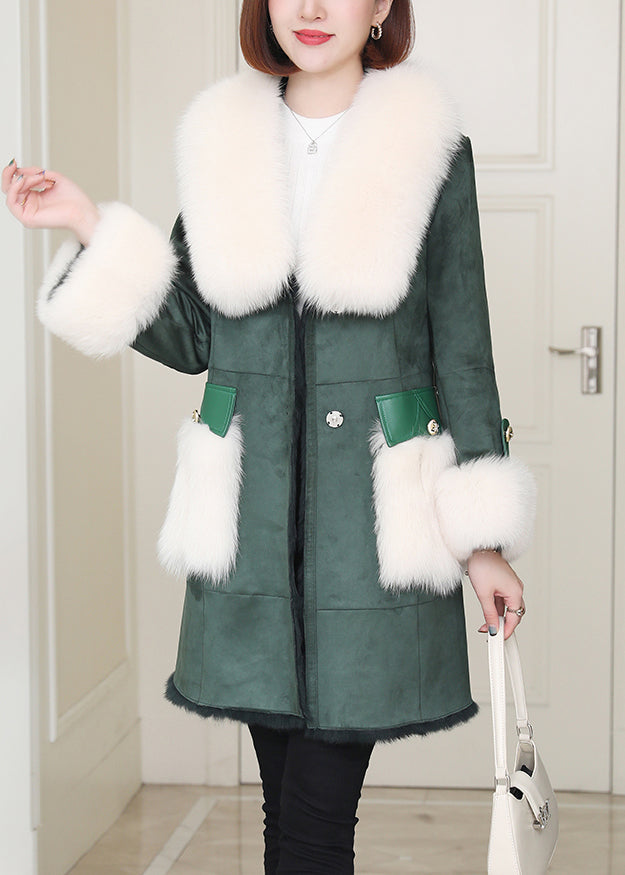 French Green Fox Collar Tie Waist Leather and Fur Coats Winter