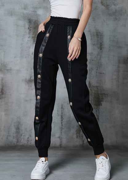 Black Metal Buttons Patchwork Warm Fleece Pants Winter
