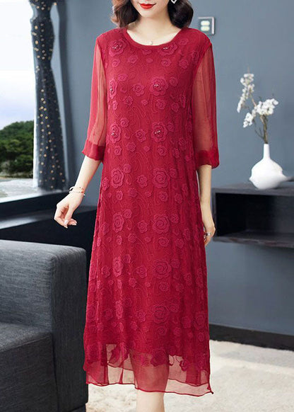 Red O-neck Embroideried Silk Dresses Long Sleeve